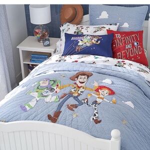 Pottery Barn Kids Toy Story Twin Quilt, Sheet Set, Sham and Two Accent Pillows